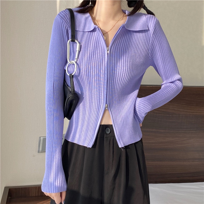 IELGY   Áo sweater cotton Tay Dài Hai Dây Kéo Màu Sắc Trơn Phong Cách Hàn Quốc