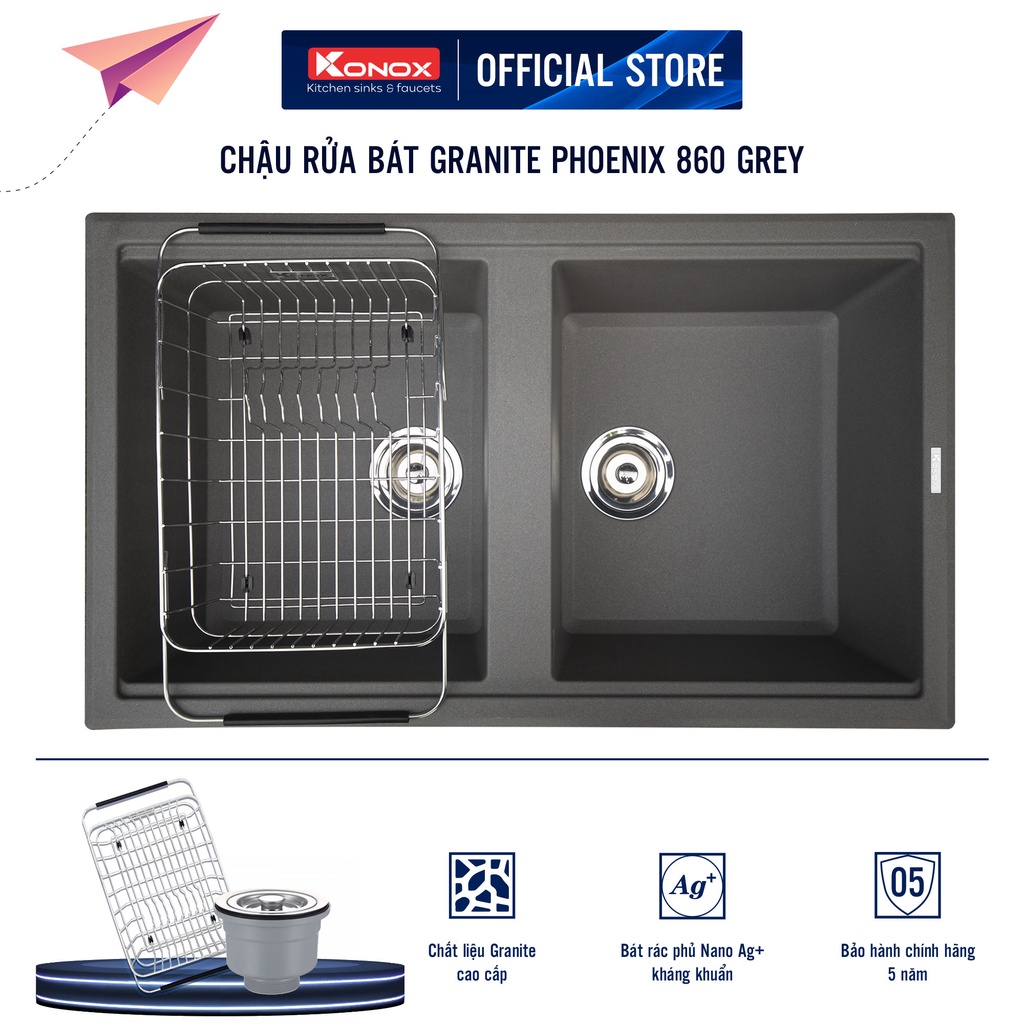 Chậu rửa bát KONOX Granite Series Phoenix 860 Grey, Made in Italy, Full set gồm Siphon + Giá úp bát inox