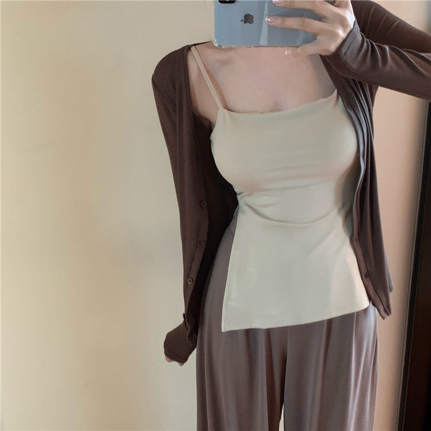 COZOK Set Áo Khoác Không Tay + Áo cardigan + Quần Dài Lưng Cao Thời Trang