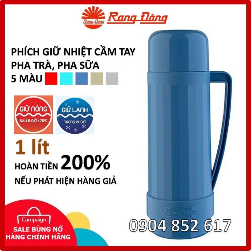 Phích nước Rạng Đông INOX cao cấp 1 lít có nút ấn tiện dụng, pha sữa, pha trà