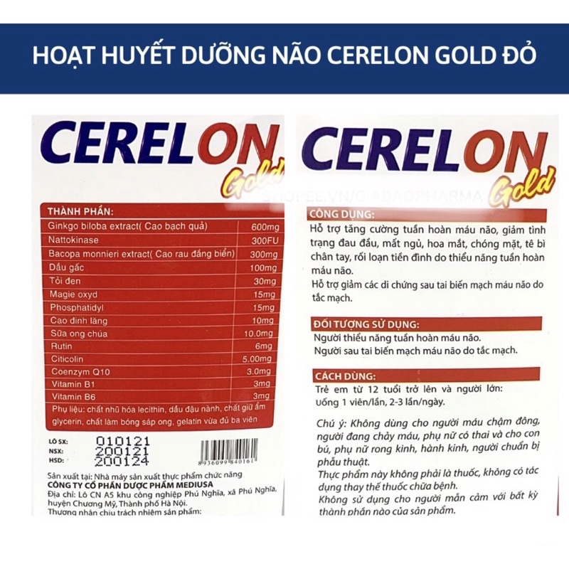 Hoạt huyết dưỡng não Cerelon gold - Hộp 100 viên