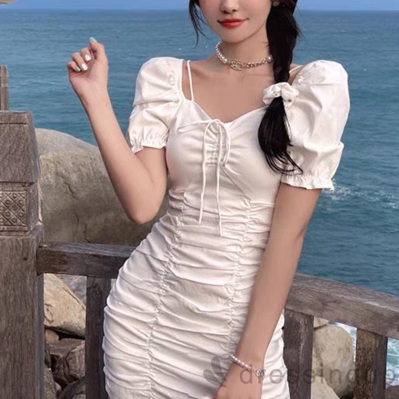 Đầm Tay Phồng Màu Sắc Trơn Phối Dây Rút Thời Trang Mùa Hè Quyến Rũ Cho Nữ