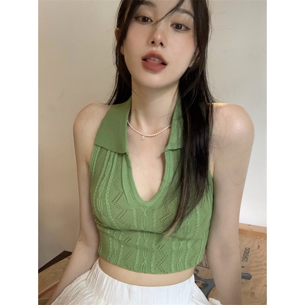 Cocory vn Áo croptop dệt kim  màu trơn không tay thời trang gợi cảm cho nữ