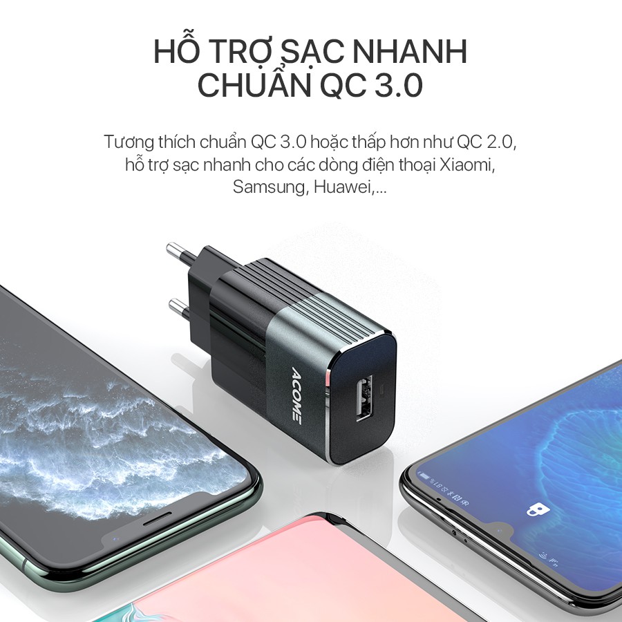 Cốc Sạc Nhanh ACOME AC01 Dành cho Ip Android 3A Chuẩn QC 3.0 18W Cổng Sạc USB - Hàng Chính Hãng