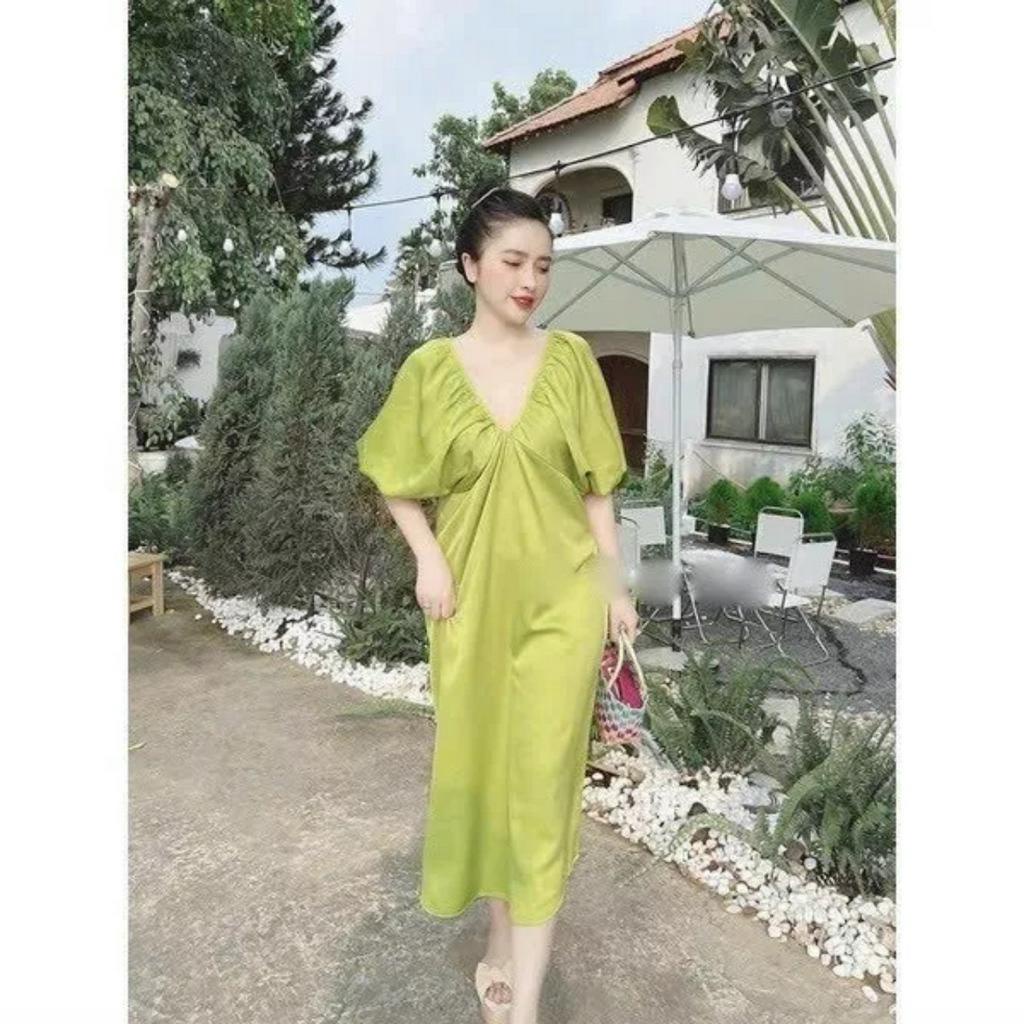 Váy maxi đũi tơ cổ tim chun tay 2 lớp, đầm suông maxi cộc tay dáng dài điệu đà hai màu mềm mại