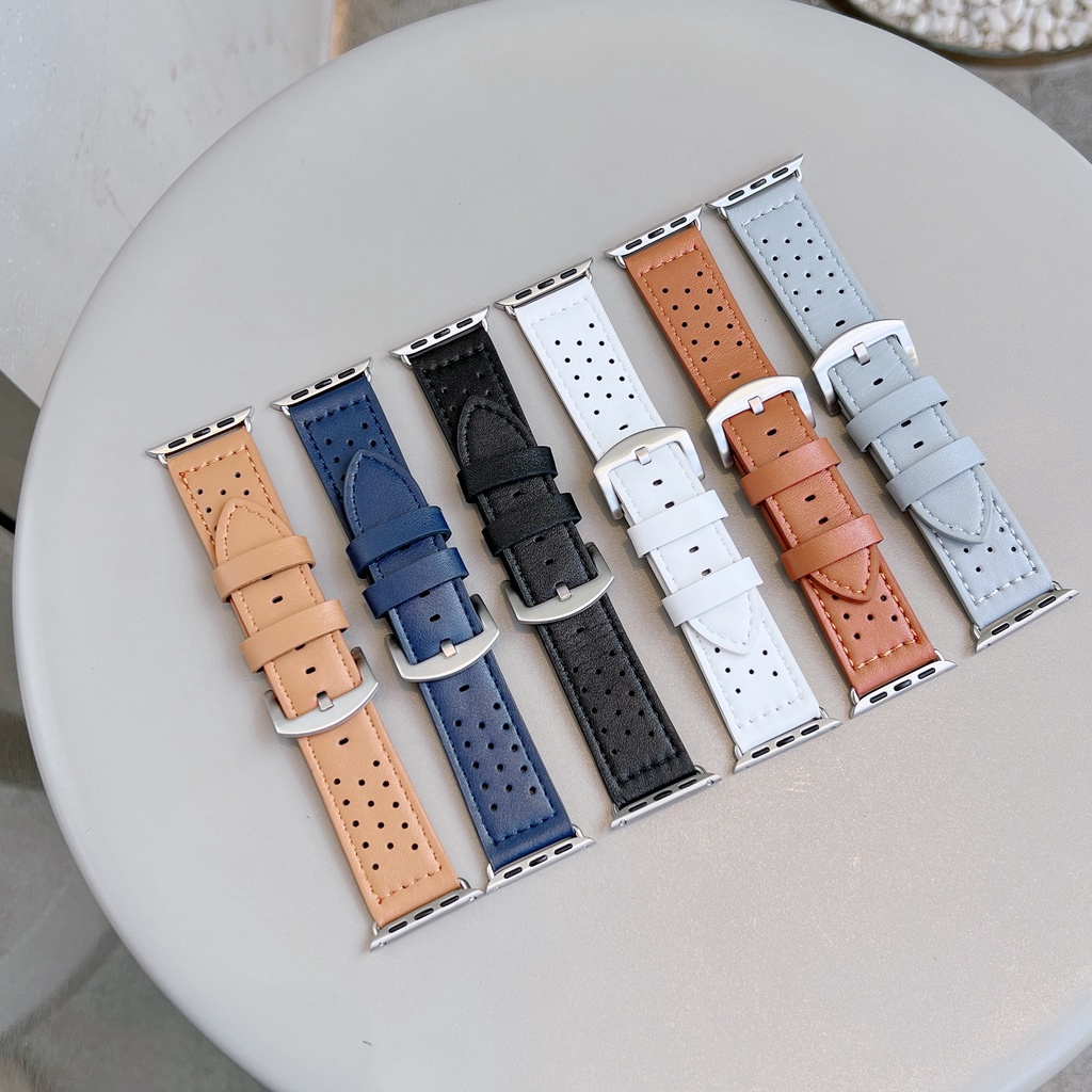 Dây Đeo Bằng Da Thật Thoáng Khí Cho Đồng Hồ Thông Minh Apple Watch Series 7 SE 6 5 4 3 2 1Buckle 38 40 41 42 44 45mm