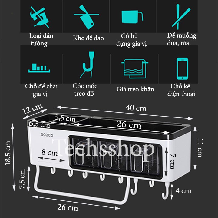 Kệ Nhà Bếp Để Hủ Gia Vị Đa Năng 7in1 Ecoco E1714 - Kệ Đựng Muỗng Đũa Dao Loại Dán Tường - Kèm Theo 3 Hủ Gia Vị