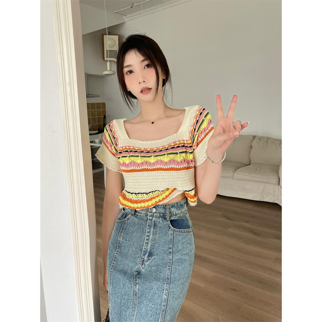 Áo Thun Croptop Dệt Kim Tay Ngắn Cổ Vuông Họa Tiết Kẻ Sọc Cầu Vồng Thời Trang Mùa Hè Mới Cho Nữ