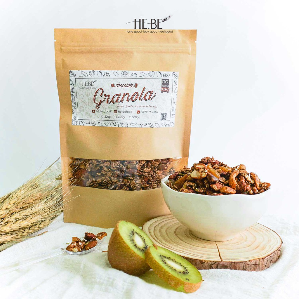 [Mã 267FMCGSALE giảm 8% đơn 500K] 500g Granola Cacao Ăn Kiêng HeBe Không Đường - Ngũ Cốc Giảm Cân Tự Nhiên