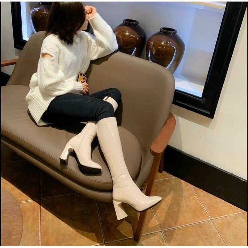 [Boots nữ đùi lửng dưới gối gót trụ vát] [Bốt đùi nữ cao gót mũi vuông khóa cạnh lót lông cao cấp gót 7cm da bóng] | BigBuy360 - bigbuy360.vn