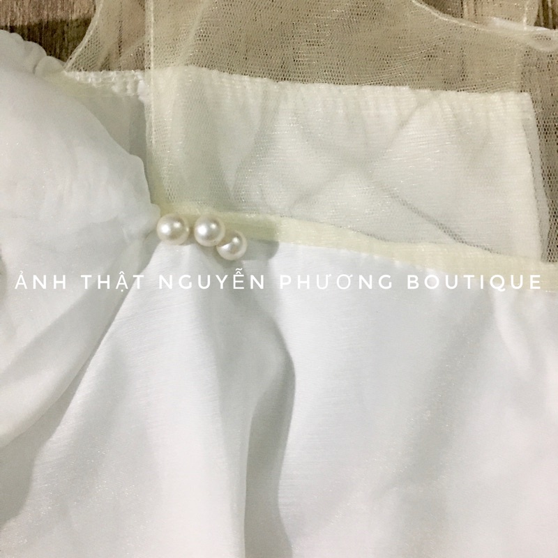 Áo voan trễ vai tay bồng đính cúc ngọc form giấu quần sang chảnh