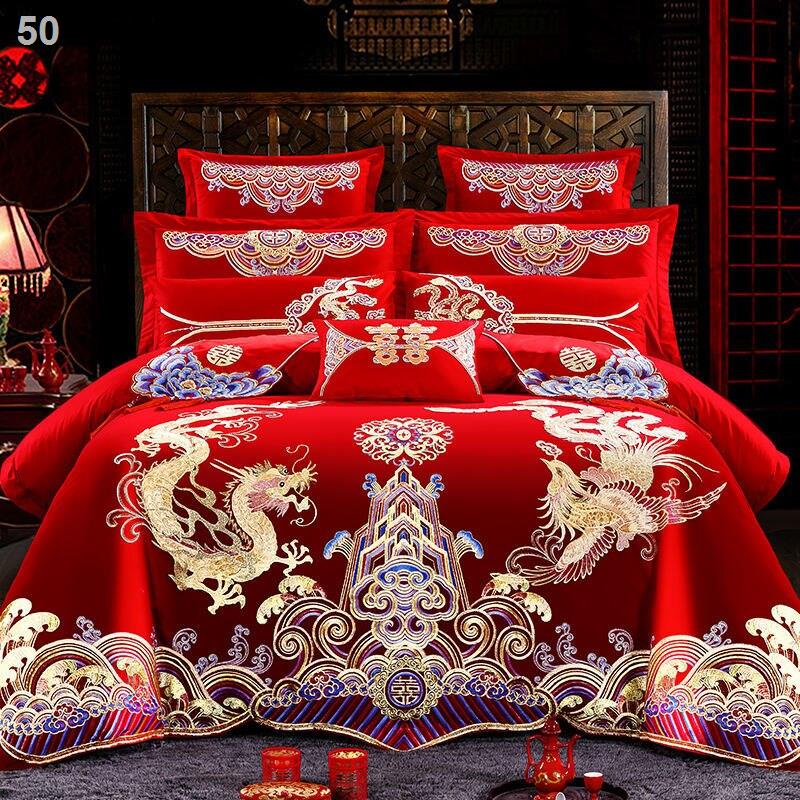 2021 ﺴ♂Bộ bốn món đồ cưới, chăn ga gối đệm cưới thêu bông to màu đỏ, cô dâu, cotton