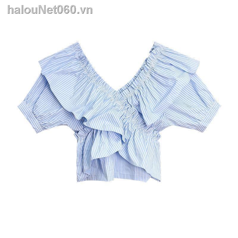 Áo Kiểu Cổ Chữ V Kẻ Sọc Màu Xanh Dương Ngắn Tay Thời Trang Mùa Hè Cho Nữ
