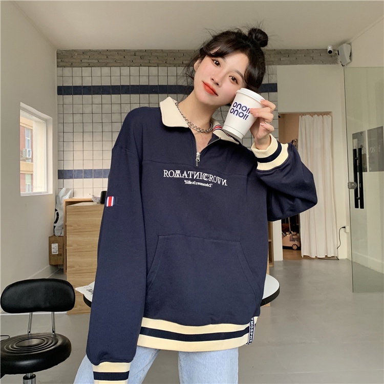 Áo sweater cổ polo thêu chữ thời trang xuân thu cho nữ