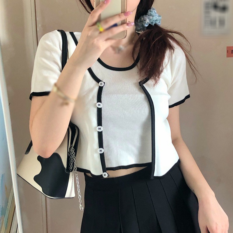 Contrasting Color Two-piece Short-sleeved T-shirt Women's Short All-match Top