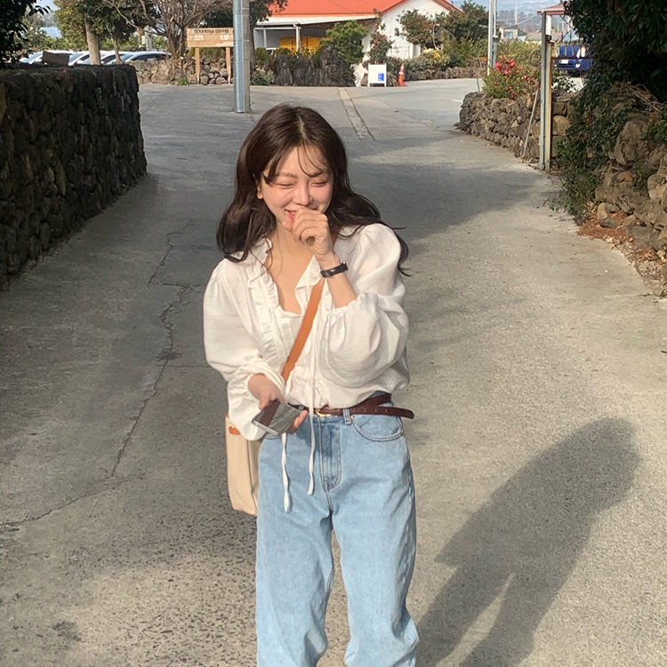 Áo Sơ Mi Phối Ren Màu Trắng Ngọt Ngào Phong Cách Hàn Quốc