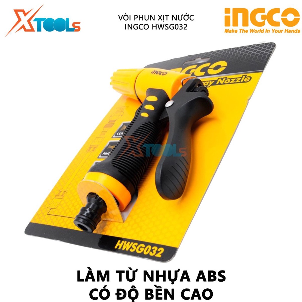 Vòi phun xịt nước INGCO HWSG032 | vòi xịt đa năng Làm từ nhựa ABS, Có 3 kiểu phun nước, độ bền cao tưới vườn, rửa xe, tư
