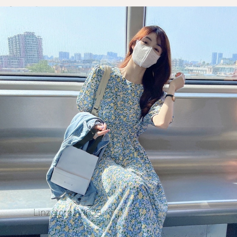 Váy hoa nhí cổ tròn tay phồng chun eo dáng dài phong cách vintage Linzstore V1653