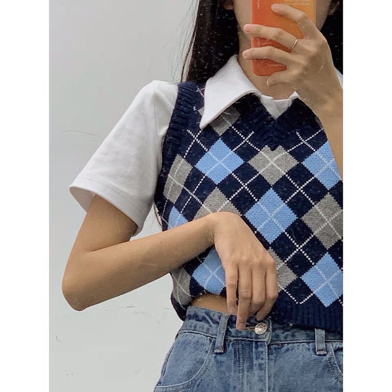 Áo Gile Len Nữ 🦋HOT TREND🦋 Áo Len Sát Nách Kẻ Ô Trám Xanh Phong Cách Vintage