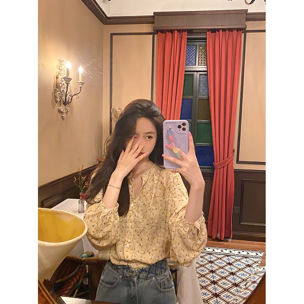 Áo sơ mi tay dài họa tiết hoa xinh xắn phong cách Pháp nữ tính | BigBuy360 - bigbuy360.vn