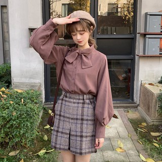 Áo sơ mi cổ kết nơ dáng suông tay phồng