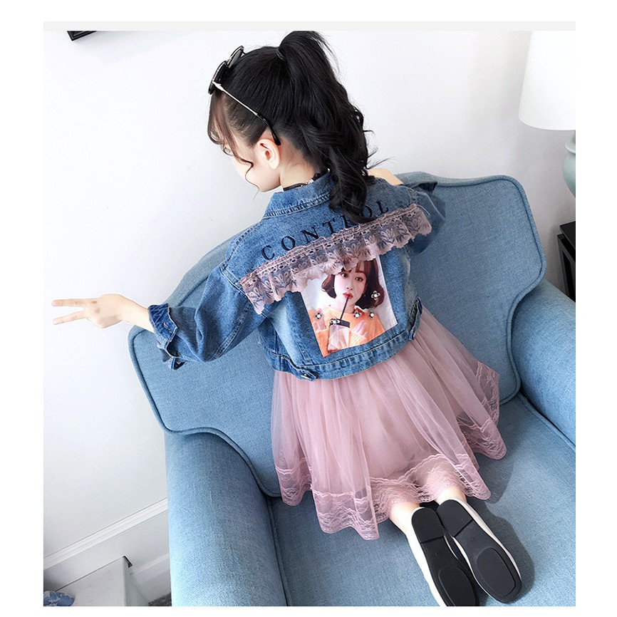 Set váy thu đông bé gái kèm áo khoác bò họa tiết hình cô gái siêu xinh size 15-36kg  [SV08]