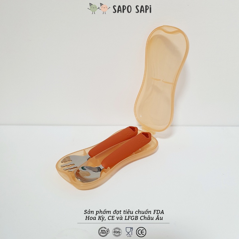 Bộ thìa dĩa ăn dặm cho bé Cloudy SAPO SAPi chất liệu inox bọc Silicon - Copper Coin