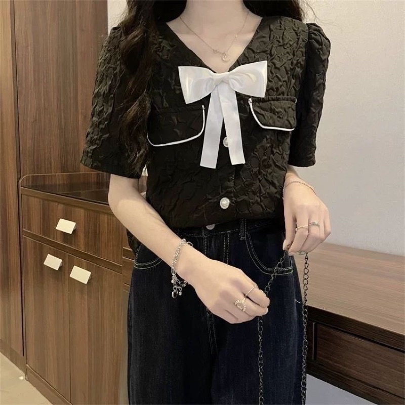 Áo Tiểu Thư Cổ V Kèm Nơ