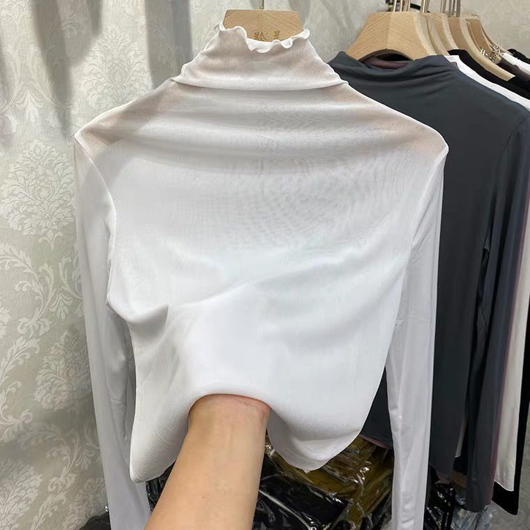 2023 new niche design sense of high neck inside the mesh top sunscreen foreign air age reduction lace undershirt women's T-shirt