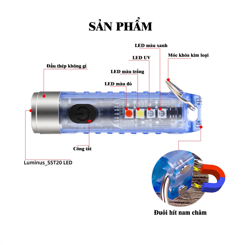 Đèn pin móc khóa mini chống nước, siêu sáng 500lumen, đa năng nhỏ gọn, quà tặng, tặng cáp sạc Type C tiện dụng