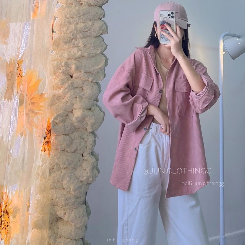 Áo khoác nhẹ dáng sơmi nhung gân gài nút unisex ulzzang nam nữ