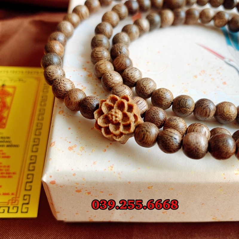 Vòng Trầm Hương 108 hạt mix hoa sen trầm - Vòng Trầm Hương Cao cấp tặng kèm hộp gấm