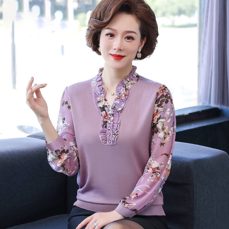 ❆✧Size lớn mẹ mặc áo thun dài tay phụ nữ 2021 mùa xuân và thu mới phong cách nước ngoài sơ mi phía dưới trung niên cao t