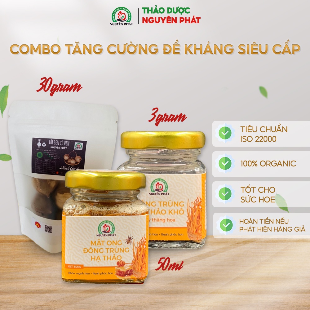 Combo dùng thử size nhỏ Đông trùng hạ thảo 3 gram + mật ong Đông trùng hạ thảo 50ml + tỏi đen cô đơn 30 gram Nguyên Phát