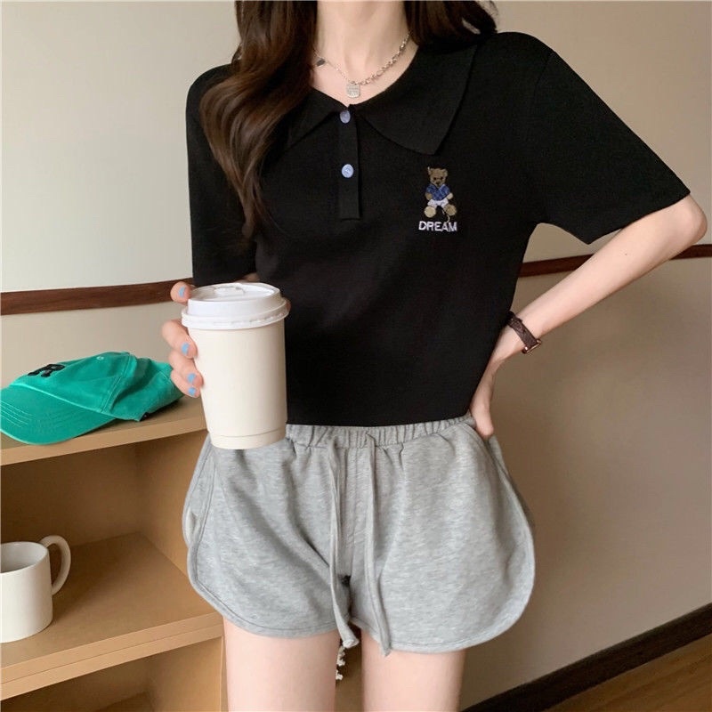 🍑Áo Thun Croptop Polo Cổ Trụ Ngắn Tay In Hình Gấu 🐻 Đáng Yêu - Mã: 459🍑 TV - Fashion