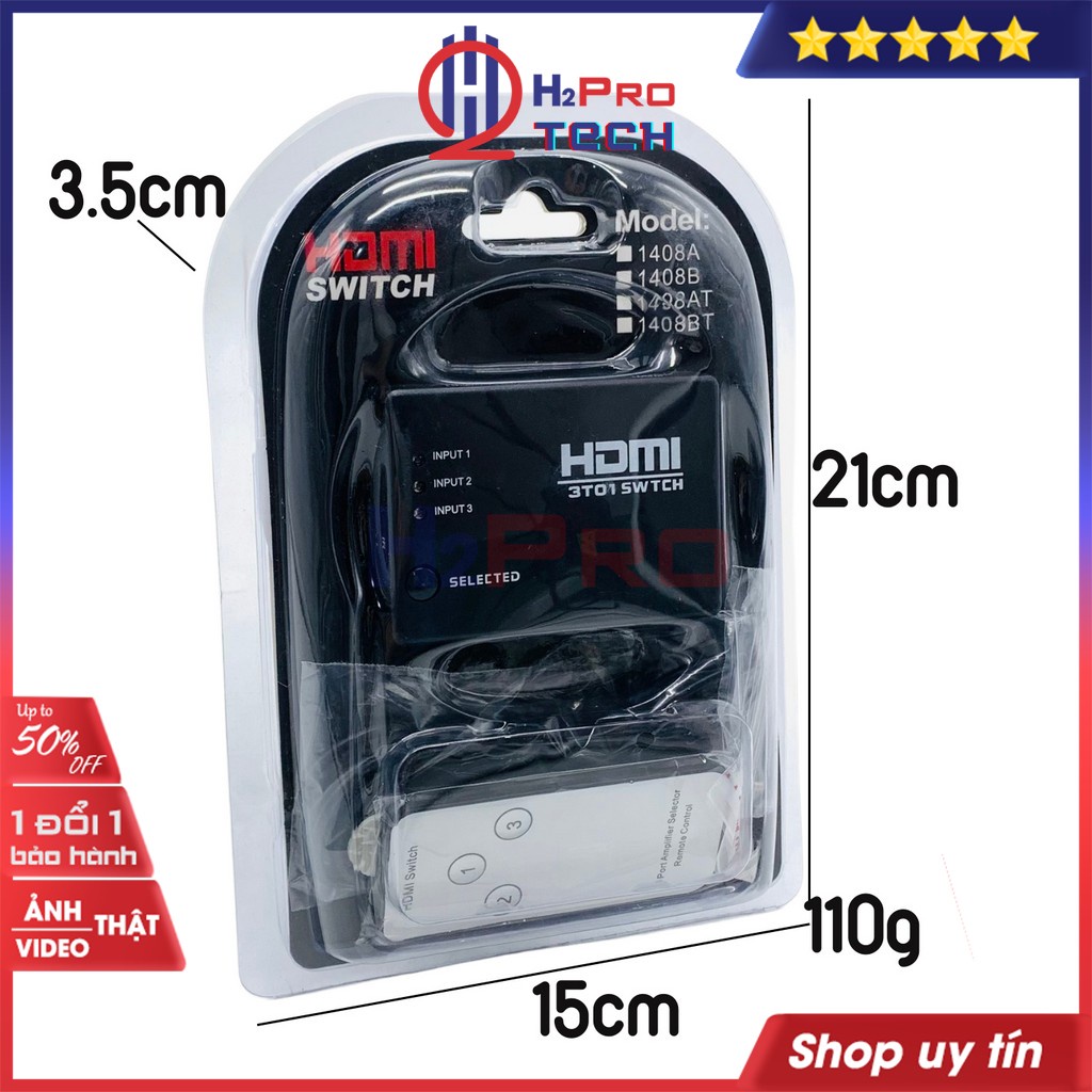 Bộ gộp HDMI 3 vào 1 ra, hdmi 3 in 1 out cao cấp, chất lượng cao 2K-4K, có điều khiển, tặng dây IR hồng ngoại-H2pro tech