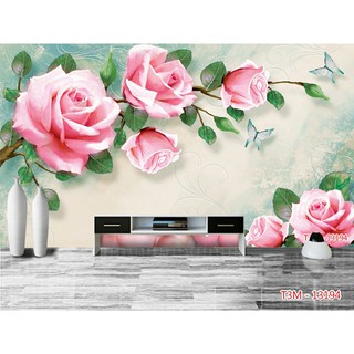 Tranh dán tường 3d hoa hồng trang trí phòng phủ giá rẻ đẹp chất liệu decal pp keo sẵn bóc dán atk 5
