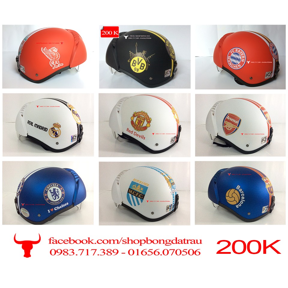 Mũ bảo hiểm - các câu lạc bộ bóng đá Manchester, Arsenal, Chelsea, Barca, Real, Liverpool - Trâu shop