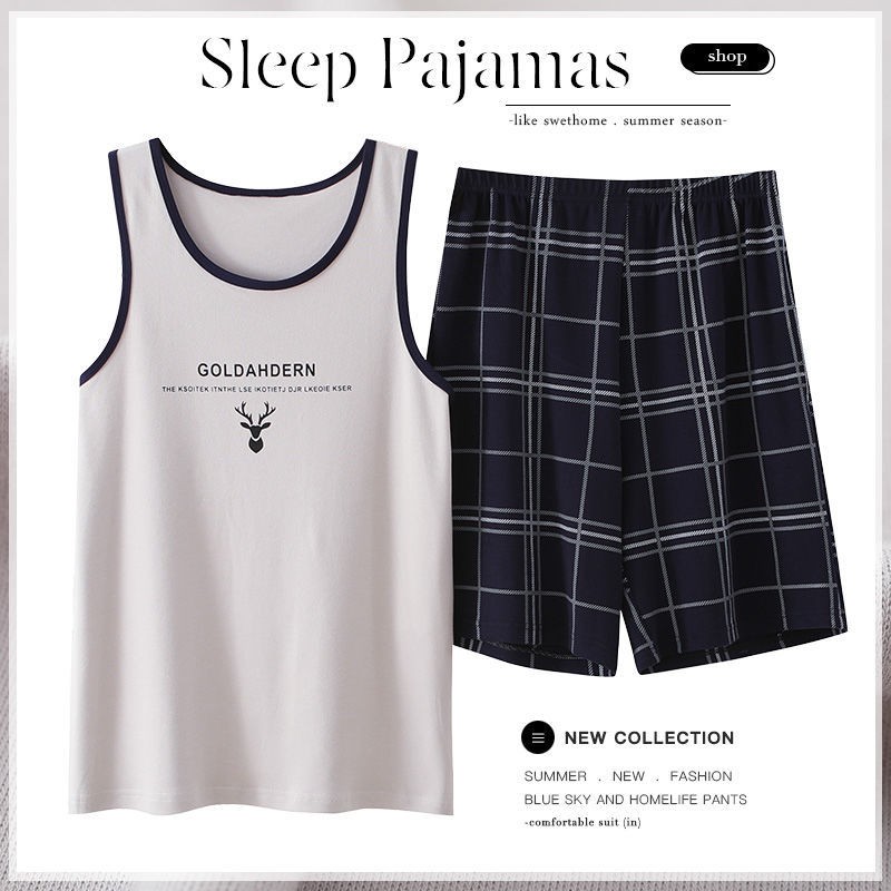 pyjama nam vest cotton cộc tay quần đùi mặc nhà ngày phục vụ bố bộ đồ trung niên mỏngPP