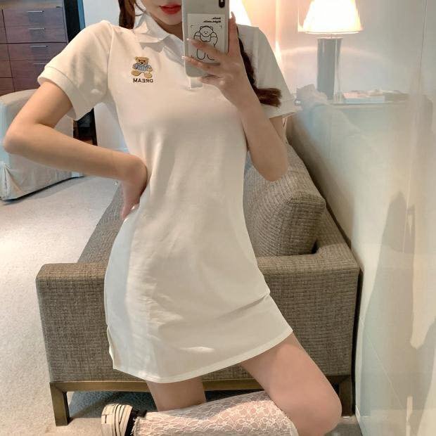 Váy Polo Thêu Gấu Dream Hồng Đen Trắng - Đầm Polo Cộc Tay Lỡ Dáng Suông Bear Teddy