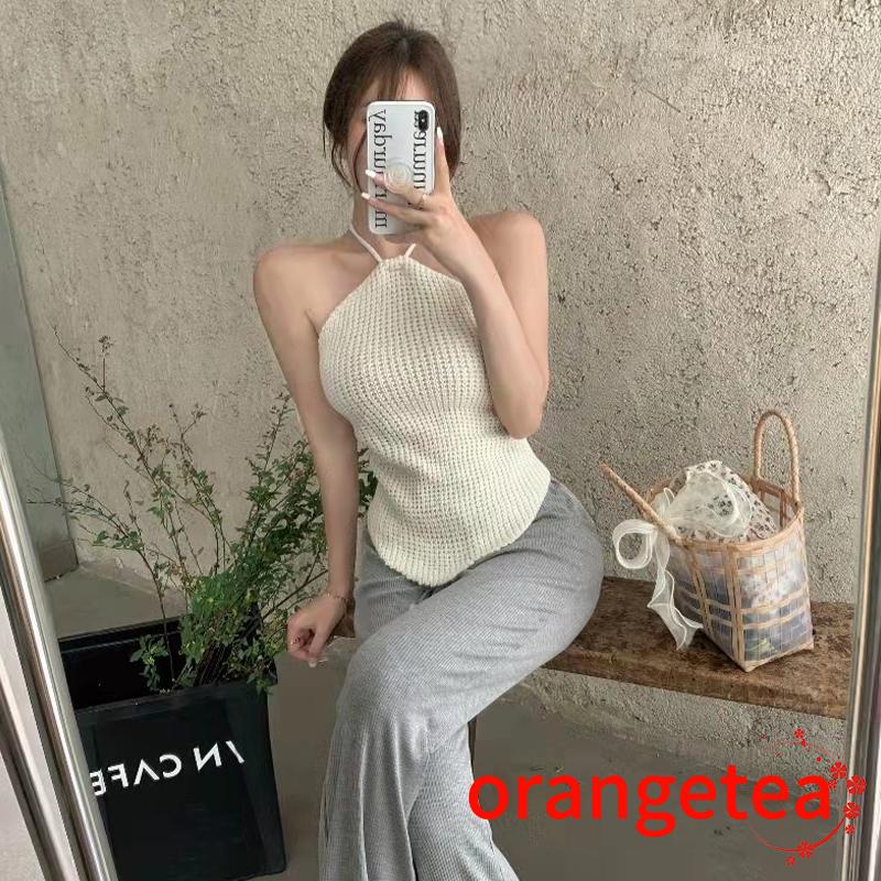 Áo Croptop Dệt Kim Không Tay Hở Lưng Màu Sắc Trơn Cho Nữ