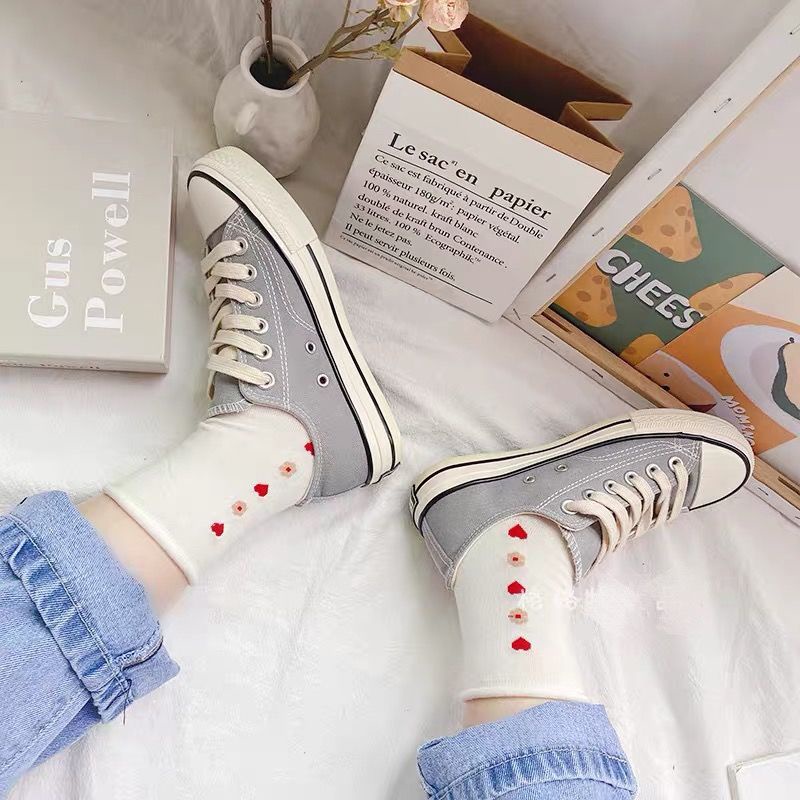 Set 3 đôi tất cổ cao trắng họa tiết dễ thương, phong cách Hàn dễ phối đồ