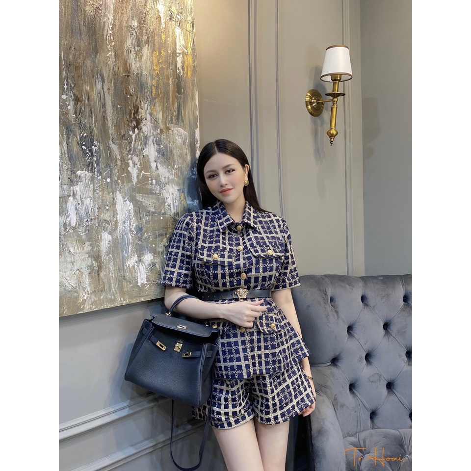 Set bộ sơ mi họa tiết chữ kèm đai thắt eo cao cấp LT606