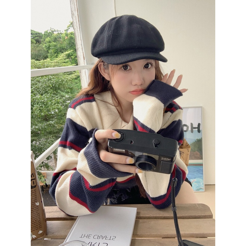 Porozi  Áo sweater dệt kim tay dài kẻ sọc ngang trẻ trung thời trang Hàn Quốc cho nữ