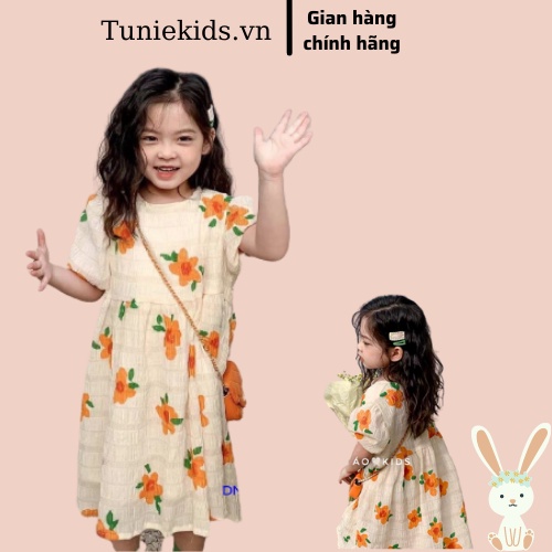Váy hoa cam xinh xắn cho bé gái chất đũi xốp mềm mịn size 10-23kg