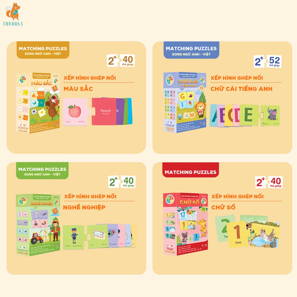 4 Bộ đồ chơi xếp hình ghép nối TNBOOKS giúp bé phát triển tư duy - thẻ học thông minh ghép số - Song ngữ Việt Anh