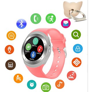 Đồng hồ thông minh mặt tròn thời trang Y1 hồng giá rẻ tặng giá đỡ hình gấu dễ thương