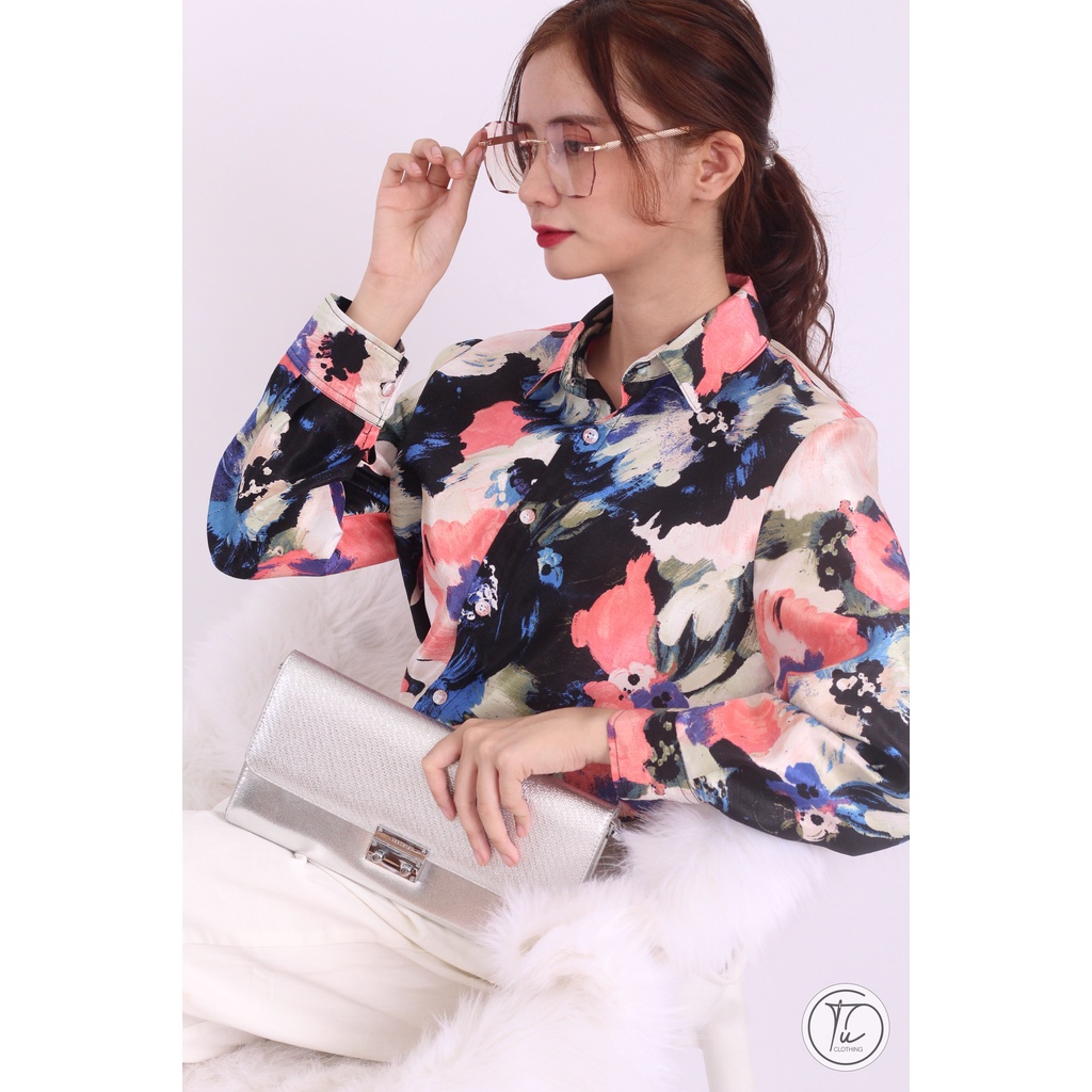 Áo sơ mi SMOS-02, vải satin họa tiết hoa đẹp và sang trọng