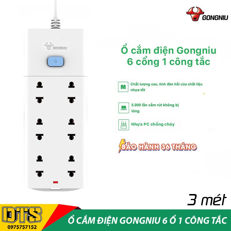 Ổ cắm điện an toàn cao cấp GONGNIU, ổ cắm điện đa năng 6 ổ 1 công tắc có dây 3m, bảo hành chính hãng 3 năm 1 đổi 1