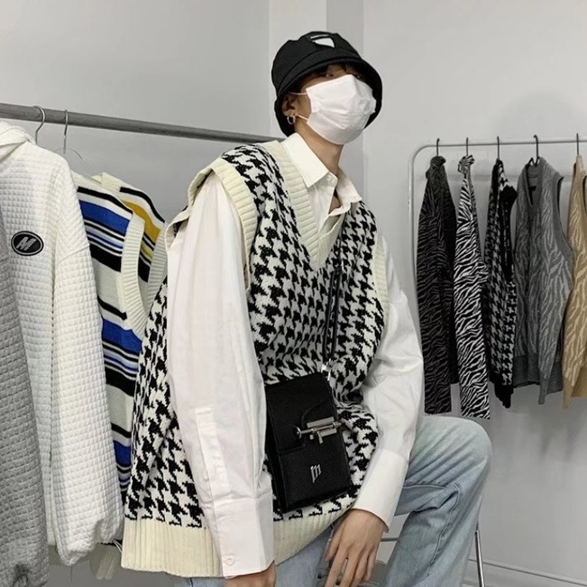 Áo Khoác Len Không Tay Cổ Chữ V ghi lê vest đen áo len ba lỗ Dáng Rộng Phong Cách Áo Len Gile Hàn Quốc Dành Cho Nam